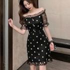 Short-sleeve Off-shoulder Floral Embroidered Mini Dress