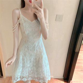Spaghetti Strap Faux Pearl Lace Mini A-line Dress