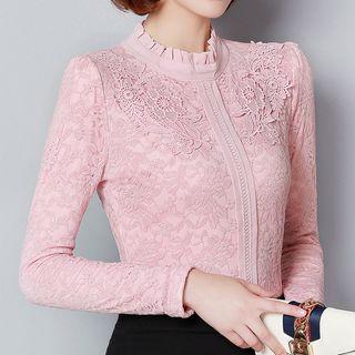 Frill Trim Mock Neck Lace Blouse