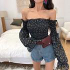 Floral Print Off-shoulder Long-sleeve Top Navy Blue - One Size