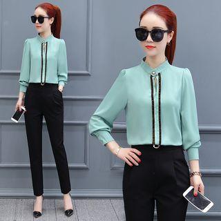 Long-sleeved Stand Collar Loose-fit Plain Blouse
