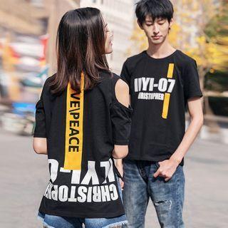 Couple Matching Set: Short-sleeve Lettering Print T-shirt + Cold Shoulder T-shirt