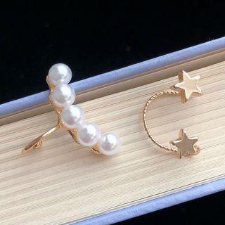 Set: Faux Pearl Earring + Star Alloy Cuff Earring 1 Pair - 0983a - Peral & Star - One Size