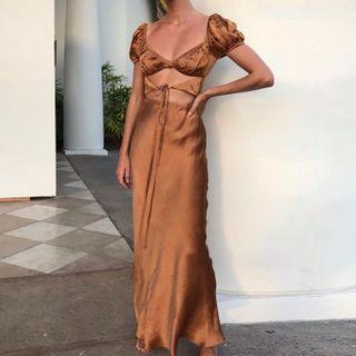 Short-sleeve Maxi Mermaid Satin Dress
