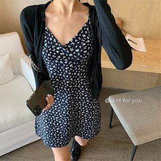 Plain Long-sleeve Cardigan / Floral Sleeveless Dress
