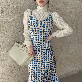 Lace Blouse / Heart Print Midi Pinafore Dress