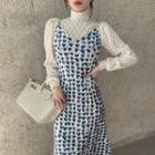 Lace Blouse / Heart Print Midi Pinafore Dress