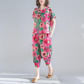 Set: Short-sleeve Floral Print T-shirt + Cropped Harem Pants