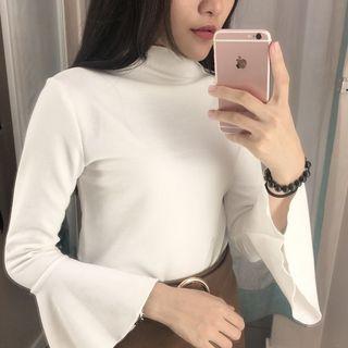 Plain Mock-neck Boot-cut Sleeve Knit Top