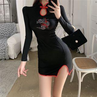 Dragon Embroidered Cutout Split Mini Dress