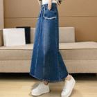 Fringed Trim Denim Midi A-line Skirt / Short-sleeve Lace Up T-shirt