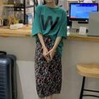 Short-sleeve Lettering T-shirt / Floral Midi Pencil Skirt