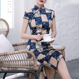 Short-sleeve Checker & Floral Print Qipao