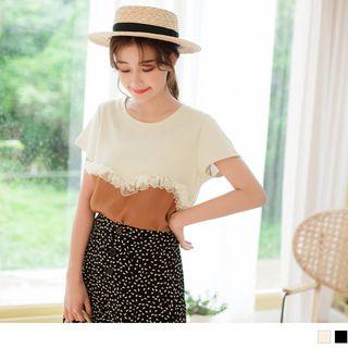 Frilled Trim Panel Short-sleeve Top