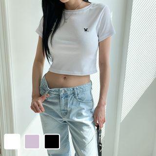 Letter-embroidered Cropped T-shirt