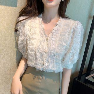 Puff-sleeve V-neck Lace Chiffon Blouse