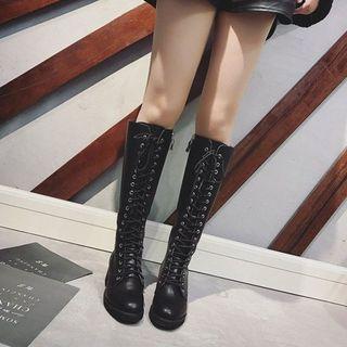 Side Zip Lace-up Chunky-heel Knee High Boots