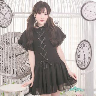Stripe Lace-up Short-sleeve Chiffon Dress