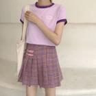 Contrast Trim Short-sleeve T-shirt / Plaid Mini A-line Skirt