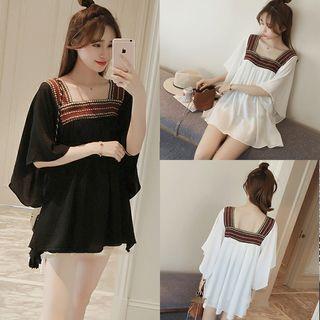 Square Neck Elbow-sleeve Chiffon Top