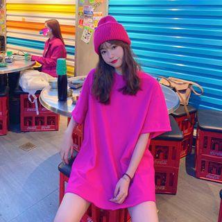 Elbow-sleeve Plaid T-shirt Rose Pink - One Size