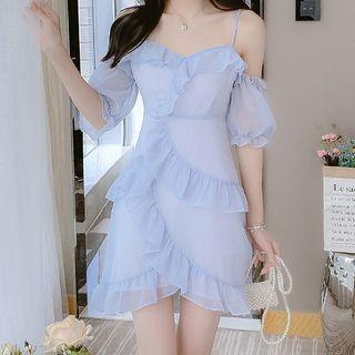 Off-shoulder Plain Ruffle Trim Chiffon Mini Dress