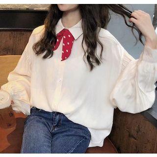 Puff Sleeve Dotted Print Bow Blouse