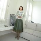 Mutton-sleeve Frill-trim Patterned Sweater Ivory - One Size