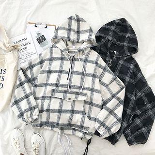 Plaid Drawcord Long-sleeve Hoodie