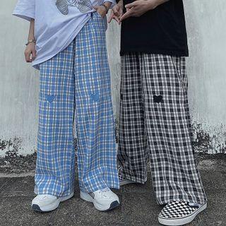 Heart Embroidered Plaid Sweatpants