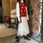 Snowflake Print Knit Vest / Lantern-sleeve Blouse / Midi Mesh Skirt