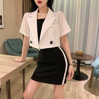 Short-sleeve Cropped Blazer / Sleeveless Striped Slim Fit Dress