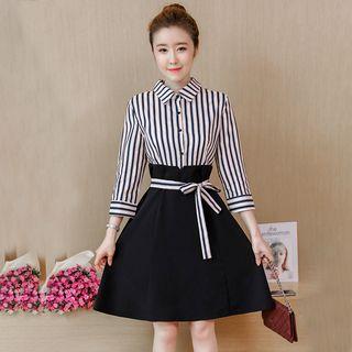 Striped Panel 3/4-sleeve A-line Dress