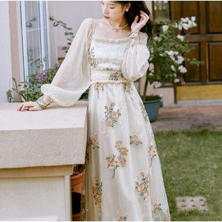 Lantern-sleeve Embroidered Maxi Mesh Dress