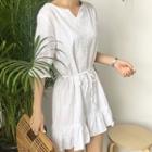 Ruffle Hem Elbow-sleeve A-line Dress