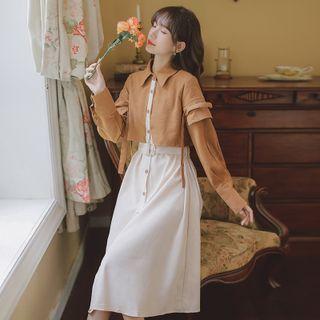 Mock Two-piece Belted Midi A-line Shirtdress