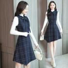 Mock-neck Long-sleeve Knit Top / Plaid Sleeveless A-line Dress / Set