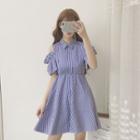 Pinstriped Cut Out Shoulder Short Sleeve Collared Dress