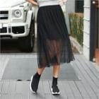 Pleated Tulle-overlay Midi Skirt