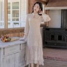 Mandarin Collar Lace Long-sleeve Midi Sheath Dress