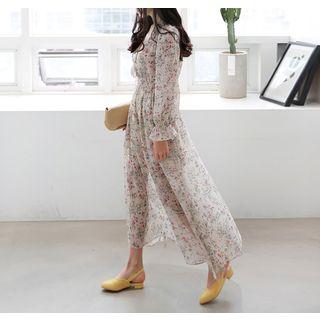 Smocked-waist Half-placket Floral Long Dress