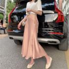 Plain Satin Lace-up Irregular Midi Skirt Pink - Skirt - One Size