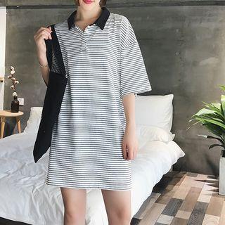 Contrast Collar Striped Elbow-sleeve Polo Dress