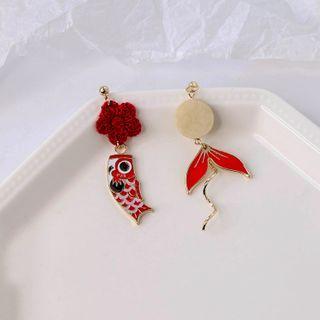 Carp Fish & Flower Asymmetrical Dangle Earring 1 Pair - Red & White & Beige & Gold - One Size