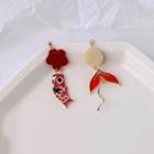 Carp Fish & Flower Asymmetrical Dangle Earring 1 Pair - Red & White & Beige & Gold - One Size