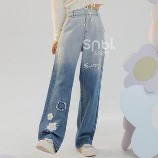 Flower Print Lettering Distressed Wide Leg Jeans
