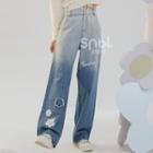 Flower Print Lettering Distressed Wide Leg Jeans