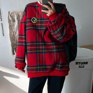 Long-sleeve Plaid Sweatshirt Red - One Size