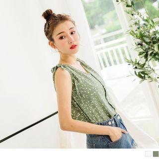 Sleeveless Print Bow-accent Chiffon Top