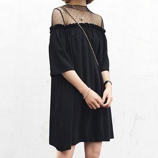 Elbow-sleeve Mesh Panel Chiffon Dress
